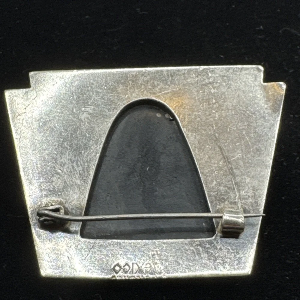 Fred Davis‎ Sterling Silver Obsidian Mask Brooch Mexico Vintage Modernist Pin